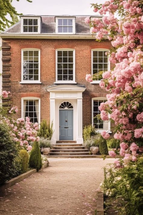 Manor House with Light Blue Door and Pink Rose Bushes Home Exterior Design, Jade Design, Georgian Interiors, Interior Design Images, Hallway Designs, London House, Home Exterior, Georgian Homes, English House