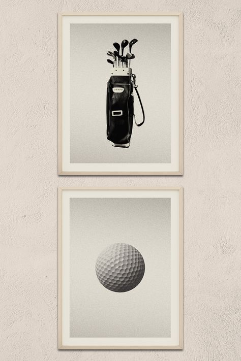 Golf poster Set of 2 featuring a mid century modern design style. The high-quality print showcases beautiful digital drawings of Golf Bag and Golf Ball. Perfect for any golf fan looking to add some flair to their living space. Golf Ball Decor, Golf Ball Art, Wall Art Golf, Mid Century Modern Golf Art, Golf Prints Wall Decor, Golf And Airplane Wall Art, Golf Wall Decor, Vintage Masters Golf Poster, Golf Artwork