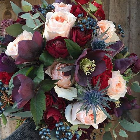 Today’s bridal bouquet featuring ranunculus, the most divine hellebores, thistles, the most expensive David Austin roses (), anemones and so much more!  . . . #bridalbouquet #weddingflowers #dsfloral #seedscolor #thatsdarling #love #flowers #hellebores #davidaustinroses #fairynuffflowers September Wedding Colors, Navy And Burgundy Wedding, Winter Wedding Centerpieces, Plum Wedding, Boda Diy, Winter Bouquet, Winter Wedding Flowers, Wedding Colors Blue, Fall Wedding Flowers