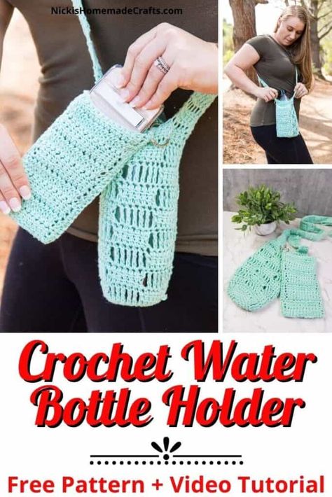 Water Bottle Cell Phone Holder, Water Bottle Carrier Diy Free Pattern Crochet, Crochet Cell Phone Holder Free Pattern, Crochet Stanley Cup Holder, Crochet Phone Bag Free Pattern, Crochet Water Bottle, Crochet Water Bottle Holder, Crochet Beginner, Bottle Cozies