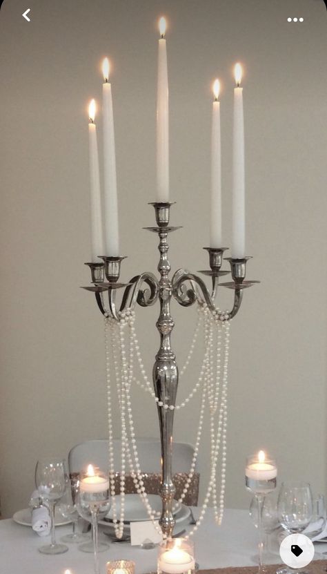 Candleabra Wedding, Candelabra Decor, Halloween Candle Holders, Candelabra Wedding Centerpieces, Candelabra Centerpieces, Pearl Theme, Roaring 20s Wedding, Centrepiece Ideas, Candelabra Wedding