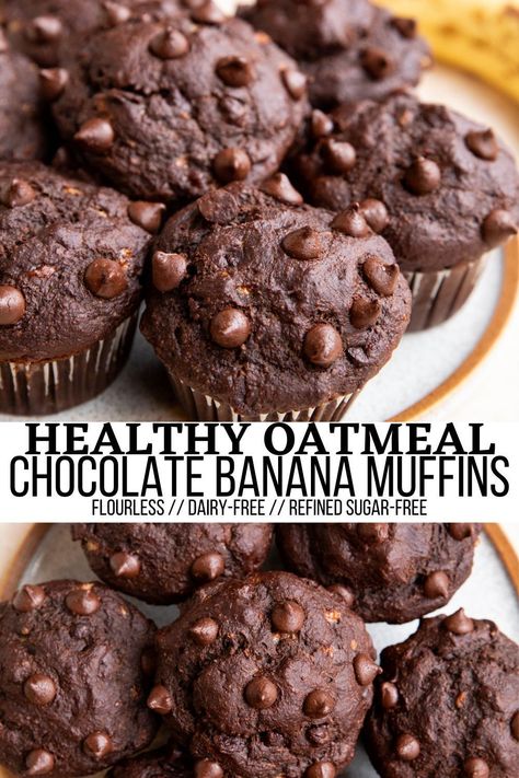 Healthy Muffins Chocolate, Chocolate Banana Muffins Healthy, Ripe Banana Recipes Healthy, Oat Flour Banana Muffins, Banana Bread Muffins Healthy, Chocolate Banana Muffins Recipe, Banana Oatmeal Muffins Healthy, Bread And Chocolate, Healthy Chocolate Muffins