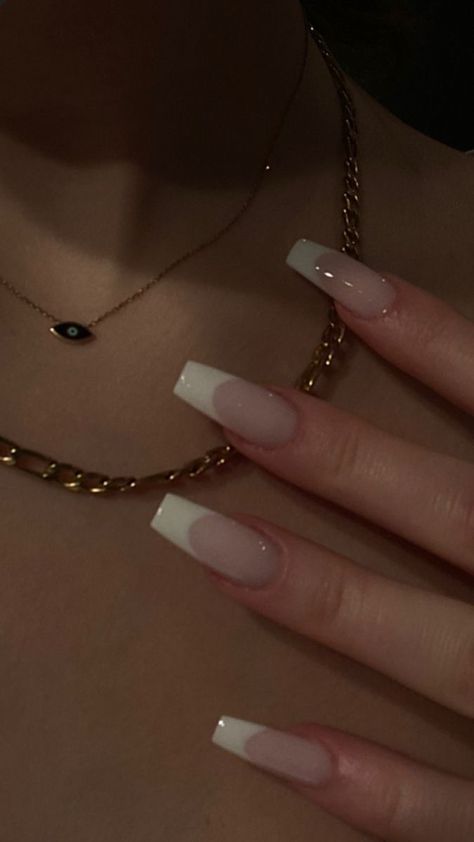 Cute Long French Tip Nails, White Nails Acrylic Ballerina, Long White Tip Acrylic Nails, Russian Manicure French Tip, All White French Tip Nails, Russian French Nails, Subtle French Tip Nails, Old School French Tip Nails, Low French Tip Nails