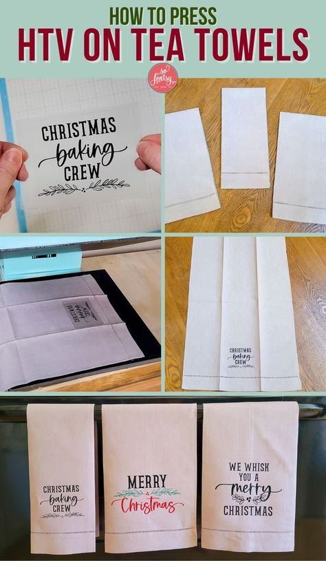 How to Press HTV to Tea Towels Recipe Dish Towels Diy, Htv Dishtowels, Cricut Hand Towels Diy, How To Make Tea Towels With Cricut, Sublimation Towels Diy, Htv Tea Towels Diy, Yea Towels Cricut, Tea Towel Packaging Ideas, Tea Towel Gifts