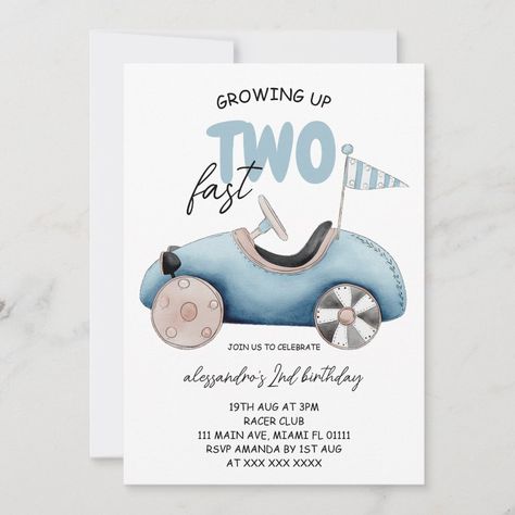 Growing up Two Fast Boy 2nd Birthday 2 Fast Invitations, Toddler 2nd Birthday Ideas Boys, Unique 2nd Birthday Themes Boy, Boys Two Year Old Birthday Themes, Two Birthday Party Boy, Growing Up Two Fast Birthday Boy, 2nd Birthday Theme Ideas For Boys, Baby Boy 2nd Birthday Ideas, Boys Second Birthday Themes