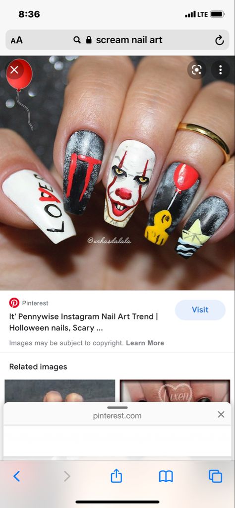 Micheal Myers Nail Ideas, Michael Myers Acrylic Nails, Michael Myers Nails Acrylic, Pennywise Nail Art Easy, Penny Wise Nails Acrylic, Pennywise Nail Art, Pennywise Nails, Michael Myers Nails, Holloween Nails