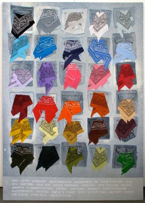 The Hanky Code, various handkerchiefs used in a display with a code at the bottom explaining each of the different colors, c. 2012. Retrieved from joaopedrovale.com. Castro Clone, Queer Resistance, Handkerchief Code, Hanky Code, Old School Haircuts, Drawing Refrences, Dark Design, Queer Fashion, Gay Art