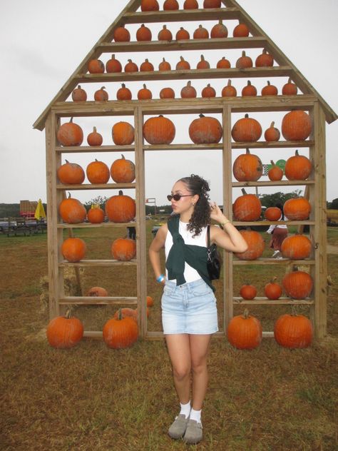 fall, fall outfit, clogs, denim skirt, pumpkin patch, pumpkin wall Patch Overalls, Pumpkin Patch Photoshoot, Patch Outfit, Pumpkin Wall, Pumpkin Patch Outfit, Indie Y2k, Fall Outfit, Pumpkin Patch, Denim Skirt