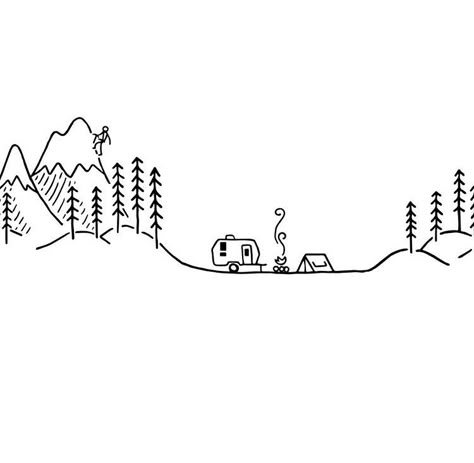 Camping Doodle Art, How To Draw Camping Stuff, Easy Camping Drawings, Campervan Tattoo Simple, Campsite Drawing Easy, Camping Drawing Simple, Camping Line Art, Camper Tattoo, Camping Line Drawing