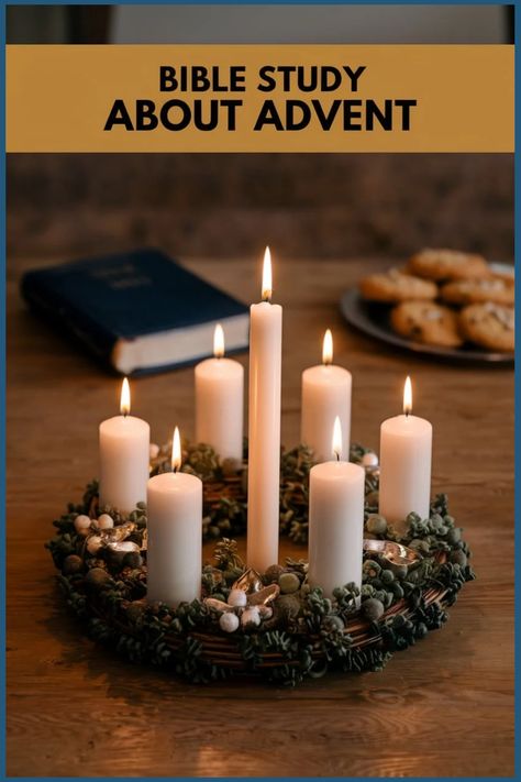 Advent wreath with lit candles on a table, a Bible, and cookies in the background. Advent Week 2 Peace, 2nd Advent Sunday, Sunday School Advent, Advent Bible Study, Advent Hope, Advent Scripture, Advent Prayers, Advent Readings, Advent Devotionals