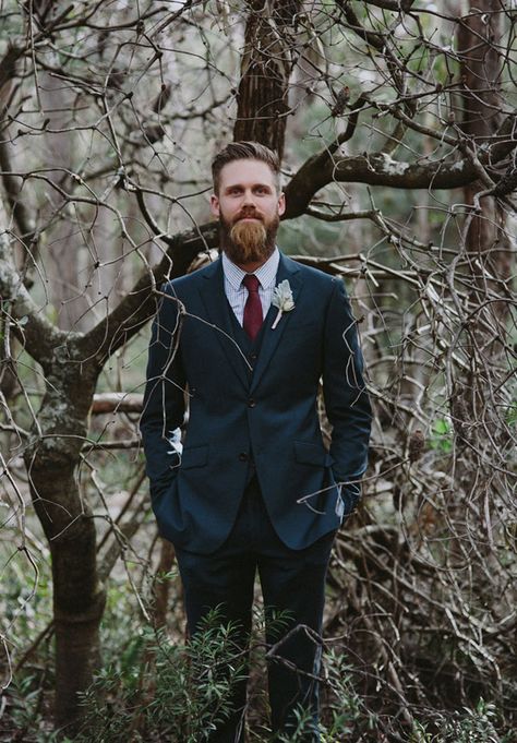 Rachel-gilbert-blue-mountains-bush-australian-wedding-shed4 Groom Wedding Suit, Suit Inspiration, Beard Care Products, Making A Wedding Dress, Maroon Wedding, Wedding Dresses Cinderella, Rachel Gilbert, Groom And Groomsmen Attire, Beard Grooming