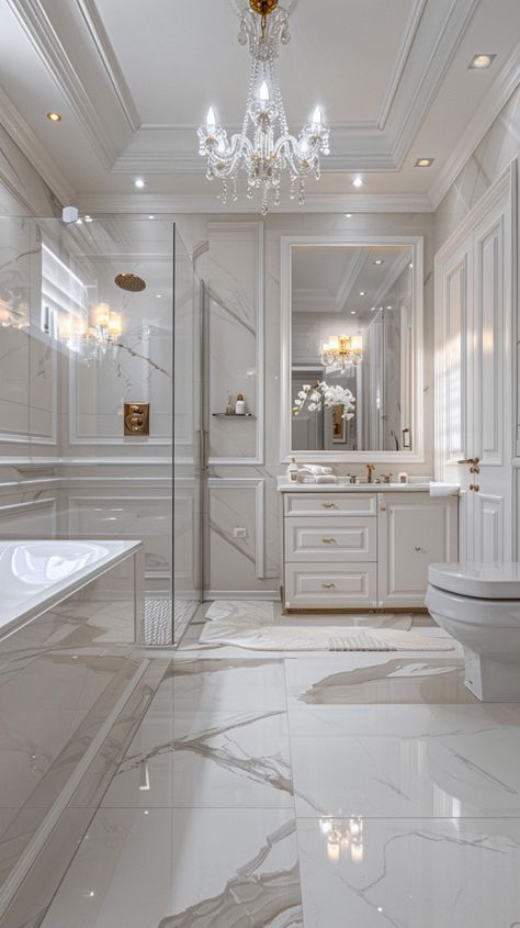 Amazing Bathrooms Master Baths, High Ceiling Bathroom, High End Bathroom, White Marble Bathrooms, Sophisticated Bathroom, Chic Bathroom, Bathroom Design Trends, Dream Kitchens Design, Classic Bathroom