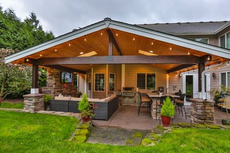 Make your home uniquely yours with woodworking projects designed for personalization. Craft pieces that reflect your style. Image Source: https://www.pinterest.com/pin/5348093302024531 Gable Roof Back Porch Addition, Backyard Structures Covered Patios, Patio On Ranch Style House, Outdoor Covered Grill Area, Outdoor Covered Patio Ideas Grill Area, Outdoor Rooms Covered, Covered Outdoor Kitchen Design, Covered Outdoor Kitchens, Backyard Covered Patios