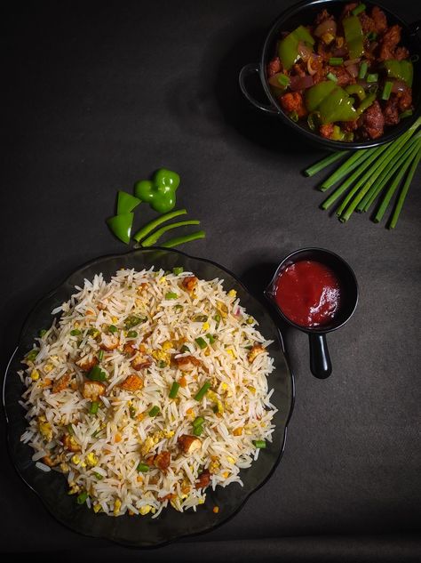 Chicken Fried Rice Photography, Fried Rice Photography, Seafood Fried Rice, Food Website Design, Rice Meals, Rice Photography, Chilli Chicken, Indian Cooking Recipes, Superman Art