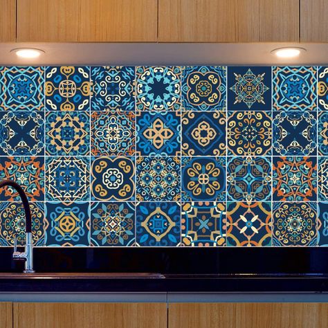 Moroccan Kitchen Tiles Backsplash Ideas, Blue Wall Stickers, Moroccan Tiles Kitchen, Vinyl Wall Tiles, Mosaic Tile Stickers, Wallpaper And Tiles, Stair Stickers, Teal Kitchen, Kitchen Wall Stickers