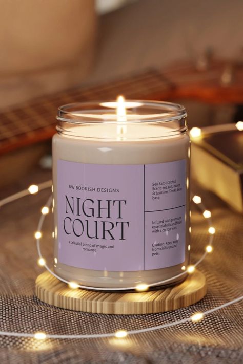 Starry Night Court Celestial Candle - A magical and enchanting soy wax candle inspired by the 'A Court of Thorns and Roses' series. Available in five alluring scents: Apple Harvest, Cinnamon Vanilla, Sea Salt and Orchid, Clean Cotton, and White Sage and Lavender. Perfect for book lovers and fans of fantasy romance Celestial Candle, Book Candles, Literary Candles, The Night Court, Court Of Thorns And Roses, Night Court, Book Candle, Soy Wax Candle, Tonka Bean