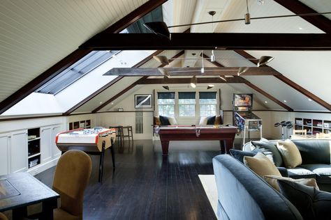 Attic Game Room in a Greek Revival house in Cambridge, Massachusetts | Susan Reddick Design, Inc.| Architecture, Huth Architects | Photography, Greg Premru Attic Game Room, Attic Renovation Ideas, Recreational Room, Small Attic, Attic Design, Attic Bedrooms, Attic Renovation, Attic Storage, Attic Remodel