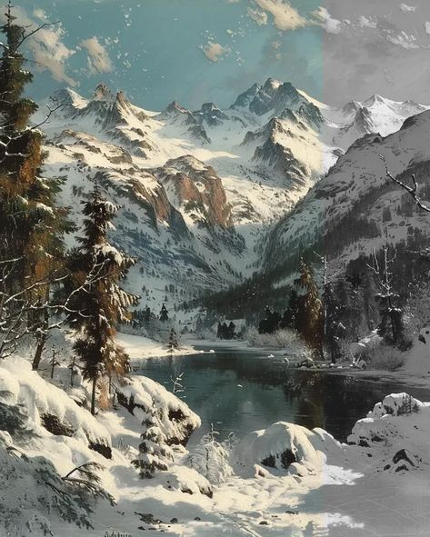 Full Color Image in ai-img-gen.com 🔸 Albert Bierstadt, Rocky Mountains in the winter --no signatures --ar 4:5 🔸 From Midjourney AI Image Snowy Mountain Fantasy Art, Fantasy Snowy Mountains, Snowy Mountains Painting, Winter Environment, Mystical Landscapes, Snowy Village, Inktober 2024, Cold Mountain, Albert Bierstadt