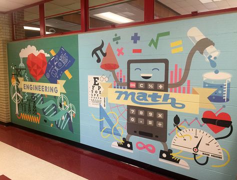 S.T.E.M. Murals - Kilpatrick Elementary on Behance School Wall Decoration, School Hallway, Math Classroom Decorations, School Hallways, School Wall Art, Elementary Classroom Decor, School Murals, School Interior, School Painting