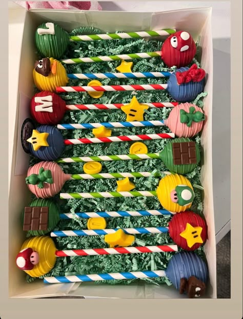 Mario Bros Strawberries, Mario Bros Treats, Mario Treat Table, Super Mario Rice Krispie Treats, Mario Bros Cake Pops, Mario Chocolate Covered Strawberries, Super Mario Treats Ideas, Super Mario Bros Party Ideas Food Dessert Tables, Super Mario Cake Pops