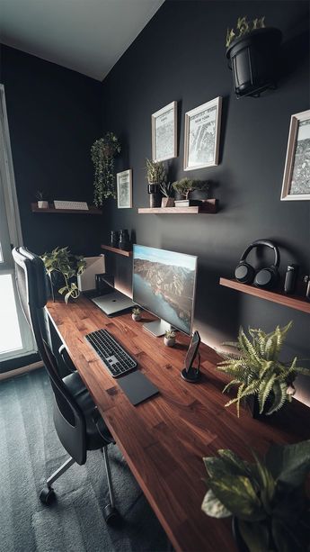 Black Office With Wood, Male Study Room Home Office, Garage Speakeasy, Black And Wood Office, Study Area Decor, Male Office Ideas, Minimalistic Desk Setup, Men’s Home Office, Office Ideas For Men