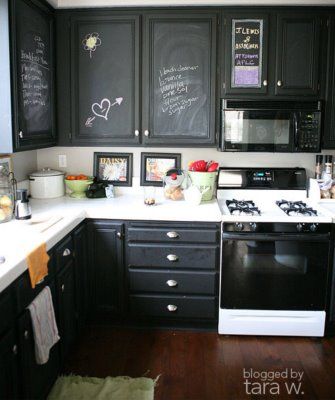 My Kitchen decorating project...this is an idea of the completed look. Chalkboard Paint Kitchen, Chalkboard Cabinet, Black Kitchen Design, Kitchen Chalkboard, Decorating 101, Paint Kitchen, Black Kitchen Cabinets, Up House, Chalkboard Paint