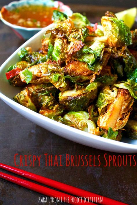 Crispy Brussels sprouts tossed in an authentic Thai chili fish sauce for a side dish you won't forget! | The Foodie Dietitian @Kara Lydon, RD Thai Side Dishes, Brussel Sprouts Appetizer, Crispy Brussels Sprouts, Thai Chili, Veggie Side Dishes, Paula Deen, Asian Cooking, Side Recipes, Veggie Dishes