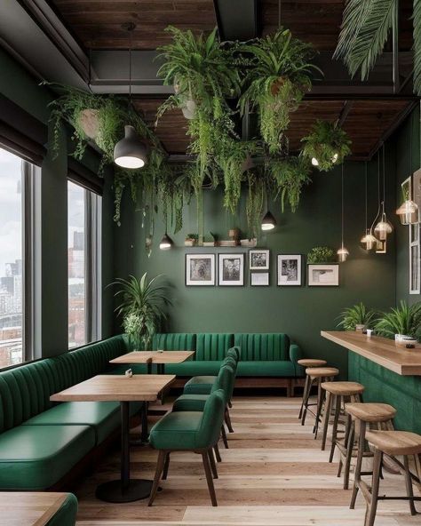 Green Coffee Shop Interiors, Green Cafe Interior Design, Cafe Wall Design Ideas Coffee Shop, Green Coffee Shop Aesthetic, Tea Cafe Interior Ideas, Biophilic Restaurant, Farm Cafe Design, Green Cafe Interior, Coffee Shop Ceiling