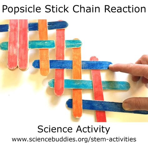 Create a chain reaction with wooden sticks in this fun #STEM activity as students explore potential energy. How long of a chain can you make?   #scienceactivity #physics #stickbomb #chainreaction #STEMactivity #scienceteacher #scienceclass #scienceproject #popsiclesticks Popsicle Science Experiment, Popsicle Stick Stem Challenges, Toothpick Stem Challenge, Chain Reaction Stem Challenge, Straw Stem Challenge, Balloon Rocket, Tongue Depressors, Upcycle Kids, Cool Science Fair Projects