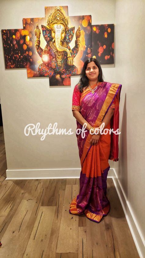 Orange and purple uppada pattu saree with maggam work blouse Uppada Pattu Sarees, Maggam Work Blouse, Maggam Work Blouses, Pattu Saree, Maggam Work, Work Blouse, Orange And Purple, Saree, Orange