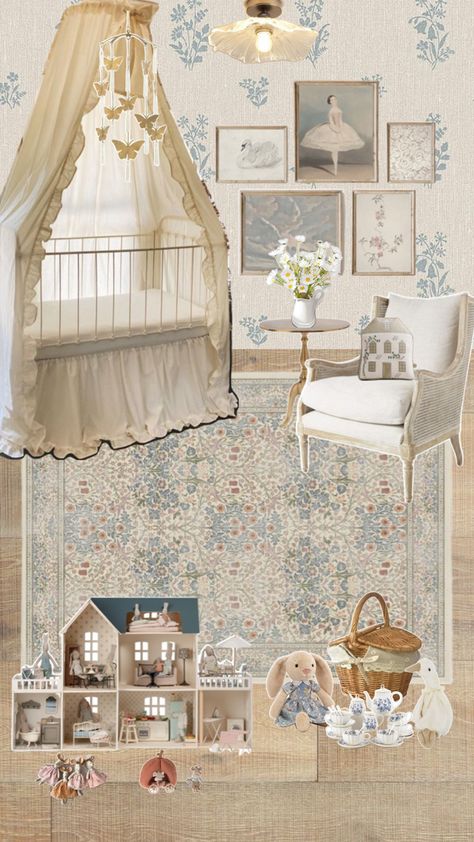 Vintage French Nursery Girl, Anthropologie Inspired Nursery, Nursery Old Money, French Nursery Ideas, European Nursery Style, Storybook Nursery Theme Girl, Fairytale Theme Nursery, Victorian Style Nursery, Girls Vintage Nursery