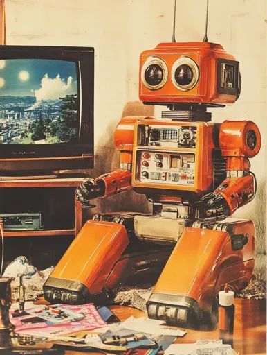 ↑↑↑ Larger size on website 🔸 A retro-styled robot with orange and silver coloring sits in front of a television. The robot has la 80s Robot, Old Robot, Robot Friend, Orange And Silver, Vintage Robots, Futuristic Aesthetic, Friend Ideas, 1980s Design, Retro Robot