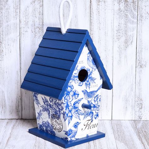 Classic Blue and White Birdhouse Hand Decoupaged Tall Decorative Wood Birdhouse With Loop Hanger - Etsy Cute Birdhouse Painting Ideas, Birdhouse Painting Ideas, Birdhouse Painting, Rustic Comforter, Birdhouse Ornaments, Birdhouse Ideas, Wood Birdhouses, Decorative Bird Houses, Colorful Paintings Acrylic