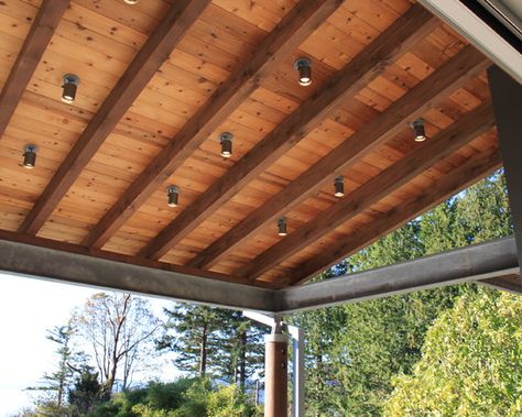 Exposed Beam Porch Ceiling, Contemporary Porch, Porch Beams, Pitched Ceiling, Exposed Rafters, Backyard Dreams, Porch Ceiling, Railing Ideas, Rustic Porch