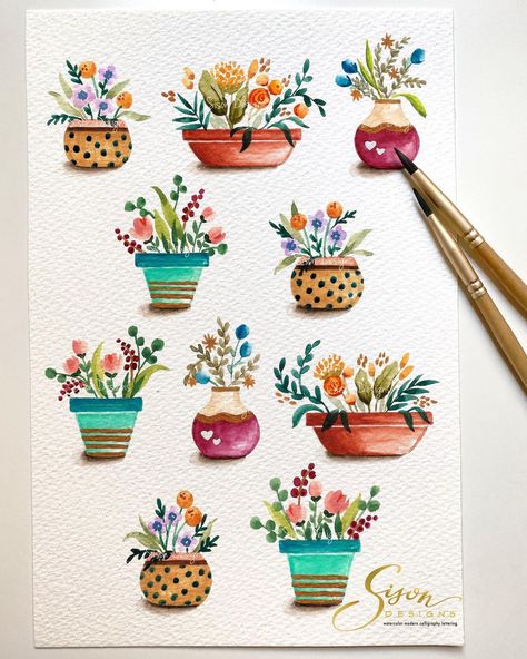 Watercolor Flower Pots Paintings, Watercolor Flower Pot, Flower Pot Watercolor, Watercolor Potted Plants, Flower In Pot, Frida Art, Watercolor Blog, Watercolor Beginner, Another Round