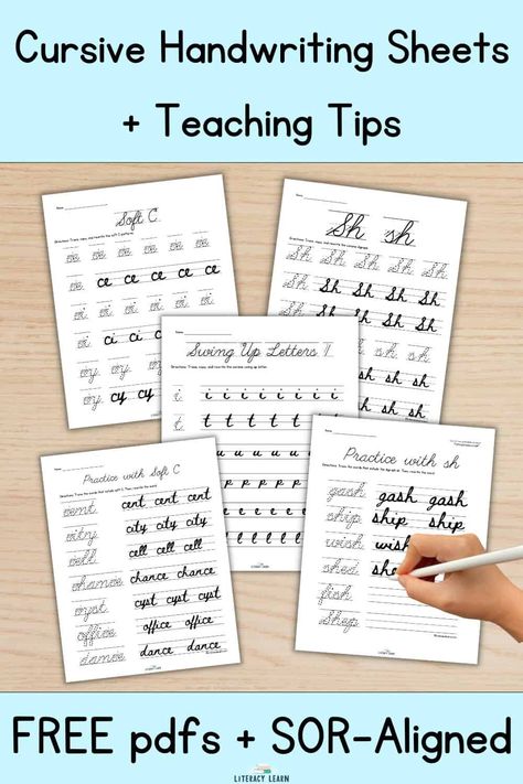 11 free cursive handwriting sheets that are Science of Reading Aligned for targeted cursive AND phonics practice. And read all about the importance and benefits of explicit handwriting instruction, including tips for teaching cursive writing. Learn Cursive Free Printables, Free Cursive Worksheets, All Cursive Letters, Cursive Handwriting Sheets, Cursive Practice Sheets, Teaching Cursive Writing, Cursive Worksheets, Alphabet Handwriting Practice, Letter Reversals