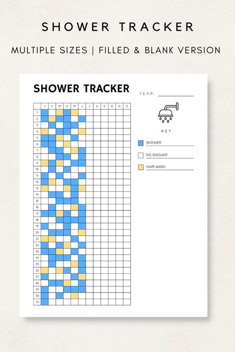 Shower Tracker, Yearly Tracker, Bullet Journal, Planner Template, Printable, Hair wash Tracker Daily Tracker Bullet Journal, Yearly Tracker Bullet Journal, Shower Tracker, Trackers For Bullet Journal, Diary Tracker, Trackers Ideas, Empty Diary, Journal Tracker Ideas, Yearly Tracker