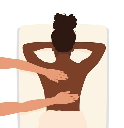 Dark skinned woman gets a back massage at a SPA wellness salon. Colored flat vector illustration isolated on white background. Top view Massage Illustration, Spa Illustration, Avant Garde Film, Face In Hole, Back Massage, Vector Nature, Spa Wellness, Flat Vector Illustration, Massage Room