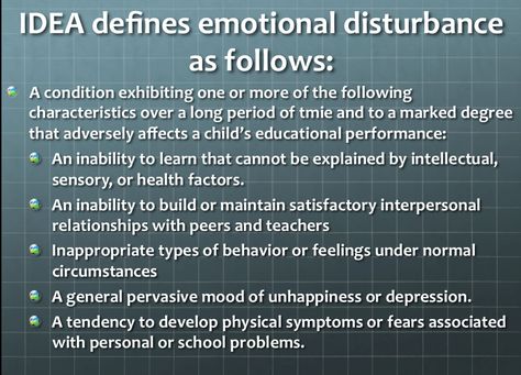 Definition. This is the legal definition of emotional disturbance, as defined by IDEA. Emotional Disturbances can include schizophrenia but this also applies to other disturbances as well. Educational Diagnostician, Early Childhood Education Resources, Emotional Disturbance, School Psychologist, School Psychology, School Help, Behavior Management, Childhood Education, Teacher Help