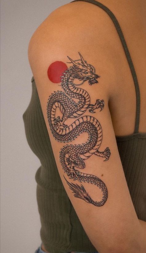 Dragon Tattoo For Women On Arm, Lady Dragon Tattoo, Chinese Style Dragon Tattoo, Dragon Tattoo Unique, Dragon Tattoo Back Of Arm, Dragon Tattoo Placement For Women, Arm Dragon Tattoo For Women, Chinese Zodiac Dragon Tattoo, Asian Style Tattoos Women