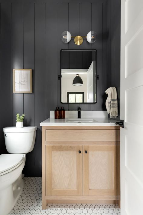 Transitional Powder Room, Black Powder Room, Tiny Powder Rooms, House Plumbing, Powder Room Remodel, Mudroom Flooring, Small Bathroom Diy, Powder Room Sink, Shiplap Bathroom