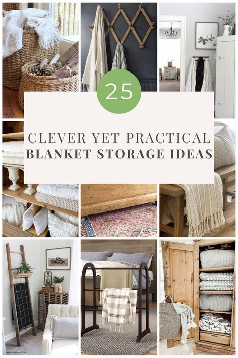 25 Clever but Practical Blanket Storage Ideas You'll Love - Life on Kaydeross Creek Throw Blanket Organization, Bedspread Storage Ideas, Cute Ways To Store Blankets, Sheet And Blanket Storage, Best Way To Store Blankets, Blanket Storage On Wall, Modern Blanket Storage, Blanket Rack On Wall, Creative Ways To Store Blankets