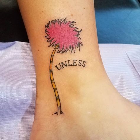 “Unless” + truffula tree The Lorax Unless, The Lorax Tattoo Ideas, Trufulla Tree Tattoo, Lorax Tree Tattoo, Truffula Tree Tattoo, The Lorax Tattoo, Tree Tattoo Black And White, Lorax Tattoos, Giving Tree Tattoos