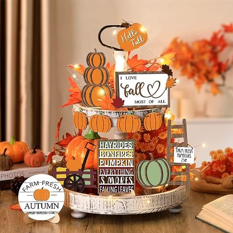 Rustic Wood Decor, Maple Pumpkin, Fall Tiered Tray Decor, Fall Wood Signs, Pumpkin Garland, Brown Table, Hello Fall, Fall Decorations, Table Signs