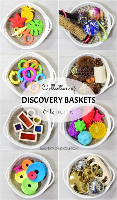 Sensory Bin 6-12 Months, Montessori Discovery Basket, 6 Months Montessori Activities, 6-12 Month Sensory Activities, Montessori Treasure Basket, 6 Month Old Art Projects, Sensory Bin 8 Month Old, Diy Montessori Toys 3-6 Months, Diy Sensory Toys For 7 Month Old