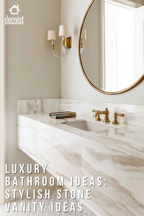 Brass fixtures add metallic glitter to the custom stone vanity in the sophisticated bathroom Marble Countertops Bathroom, Marble Bathroom Vanity, Gold Bad, Bathroom Sink Design, Gold Faucet, Pretty Bathrooms, Gold Bathroom, Floating Vanity, Sink Design