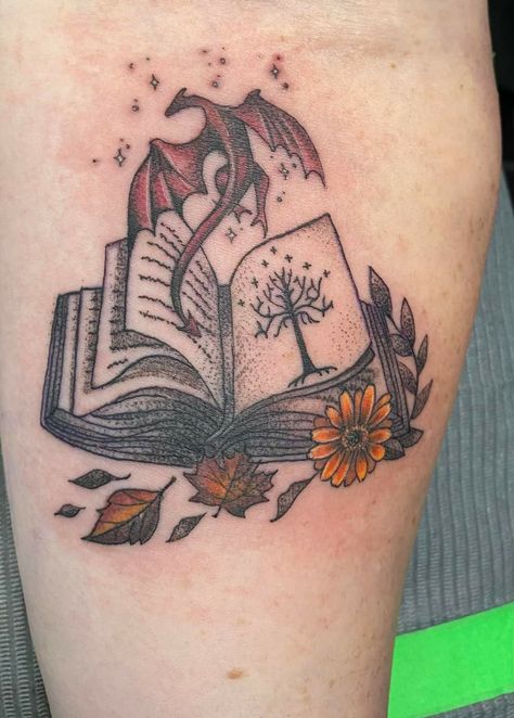 Book And Beach Tattoo, Dragon And Book Tattoo, Book Dragon Tattoo, Reader Tattoo, Book Inspired Tattoos, Book Forest, Book Tattoos, Forest Dragon, Small Dragon