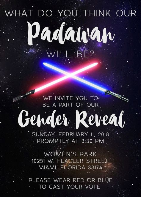 Star Wars Gender Reveal Ideas For Party, Starwars Gender Reveal, Nerdy Gender Reveal, Star Wars Gender Reveal, Invitations Star Wars, Baby Jedi, Themed Gender Reveal, Star Wars Baby Shower, Baby Gender Reveal Party Decorations