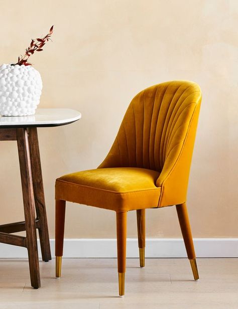 Yellow Chairs Dining, Velvet Occasional Chair, Yellow Dining Chairs, Velvet Dining Room Chairs, Yellow Chairs, Dining Table Design Modern, Yellow Furniture, Velvet Furniture, Velvet Dining Chair