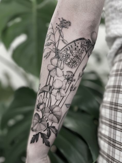 Butterfly Garden Tattoo Sleeve, Horticulture Tattoo, Butterfly Garden Tattoo, Garden Tattoo Sleeve, Garden Tattoos, Garden Tattoo, Instagram Tattoo, Dot Work Tattoo, Bold Jewelry